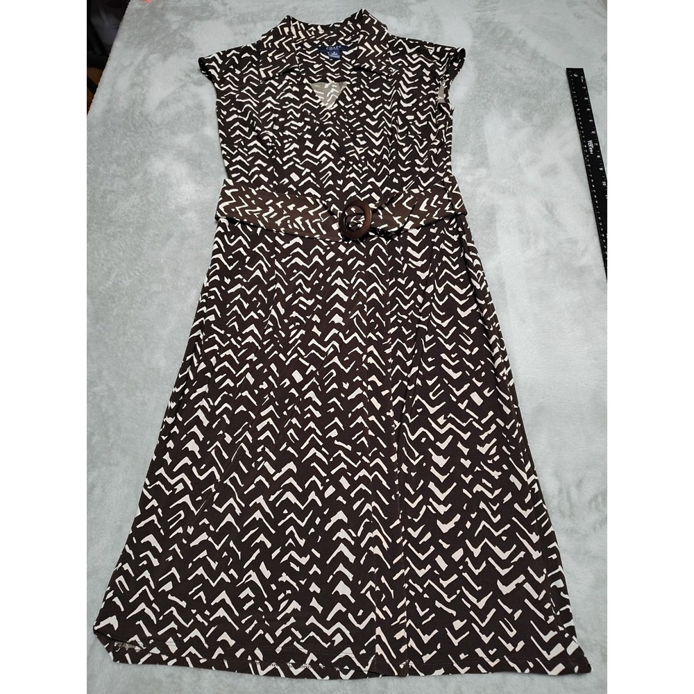 Chaps A Line Dress Ladies S Brown/White Retro Belted Knit Stretch 70's Vintage